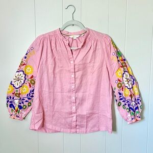 Boden Button Down Blouse Floral Sleeves Pink Linen Cottage Scandi Folk Art Sz 4